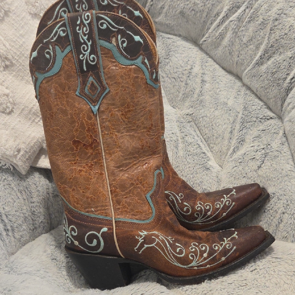 STERLING RIVER 7.5 WOMENS Brown and Turquoise Western Boots